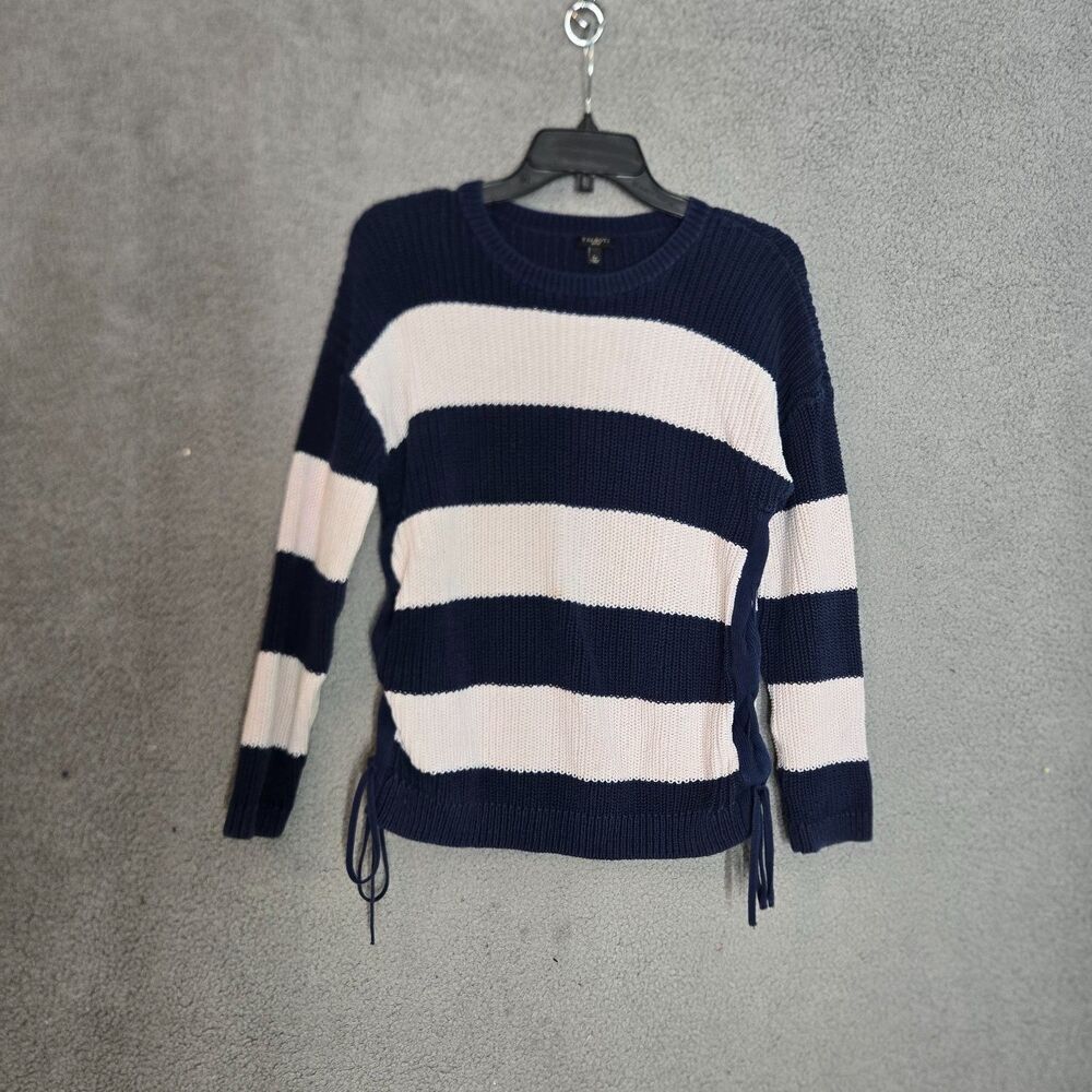 Talbots Petites Sweater Womens LP Navy Blue White Striped Lace Up Side Ribbed